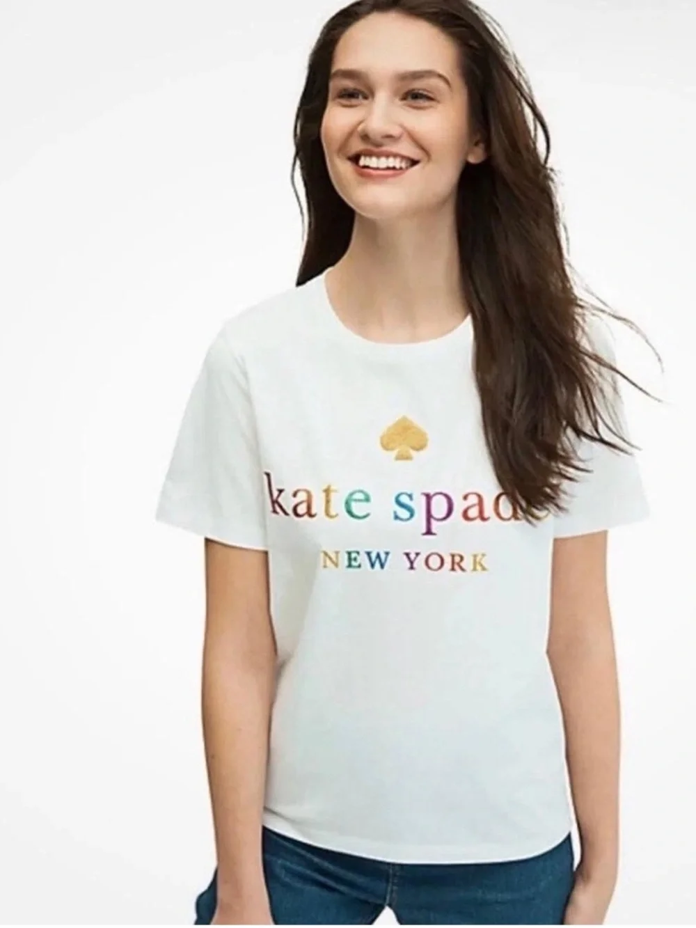 Kate Spade white sparkly colorful letters spellout rainbow PRIDE t-shirt top XS